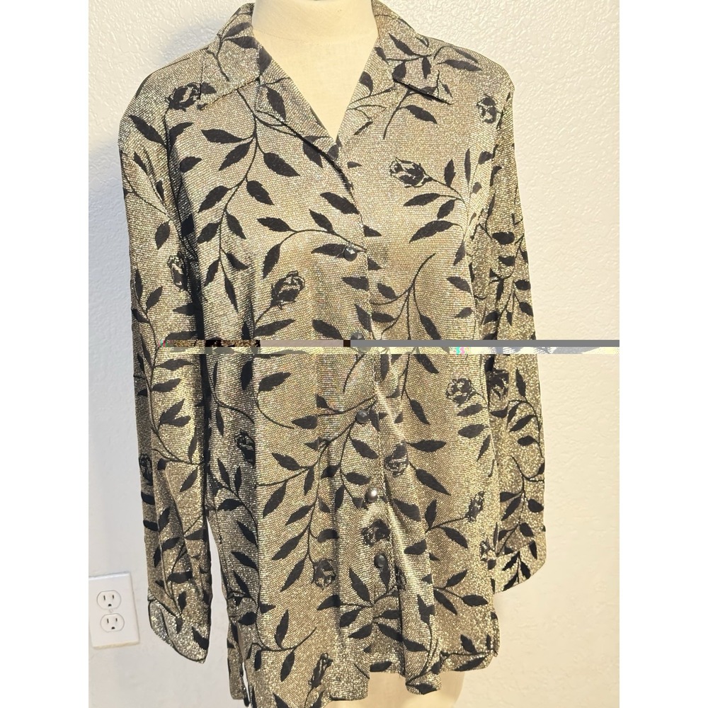 Vintage Alfred Dunner Dressy Black And Gold Metallic Size 12 Blouse Beautiful